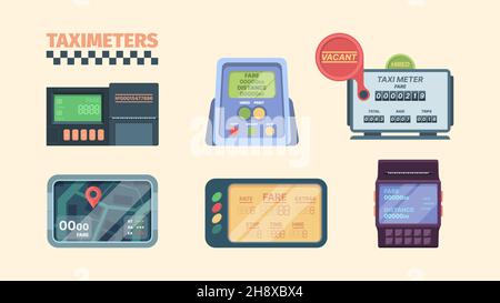 Taximeter. Display in car with speeding detection for cash money auto transportation meter for vehicle services garish vector collection Stock Vector