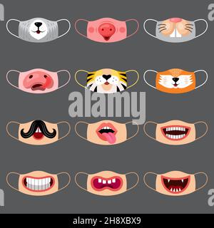 Cute face mask. Funny smile different animals and kids mouth print designs on viruses protective mask recent vector illustrations collection Stock Vector