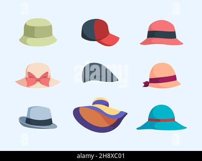 Caps and hats. Summer modern fashioned clothes accessories for head woman hats garish vector cartoon collection Stock Vector