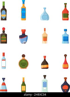 Alcoholic bottles. Restaurant bar alcoholic drinks plastic and glass bottles with labels vodka rum tonic liqueur tequila garish vector pictures set Stock Vector