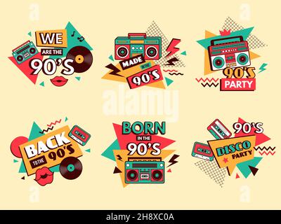 Retro 90s labels. Colored badges vintage old school style fashion elements musical boombox for pop music 80s abstract geometrical design forms recent Stock Vector