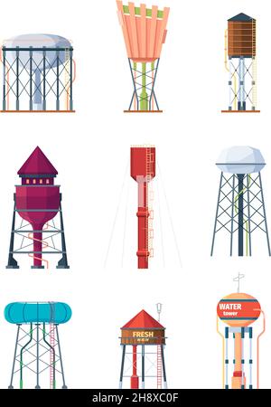 Water towers. High industry tank containers for safe water big reserve metal rural storage garish vector illustrations set isolated Stock Vector