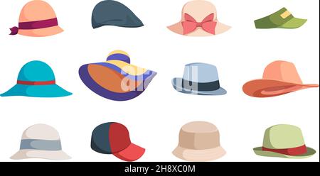Hats. Fashioned head clothes summer caps and hats for woman garish vector illustrations collection isolated Stock Vector