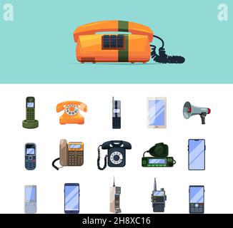 Telephones. Old smartphones mobile gadgets internet technologies operator connection garish vector illustrations set Stock Vector