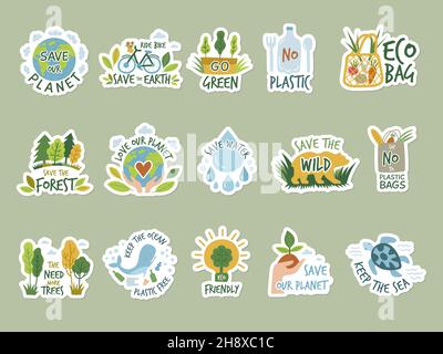 Ecology stickers. Save green earth planet clean environment eco labels recent vector badges colored illustrations isolated Stock Vector