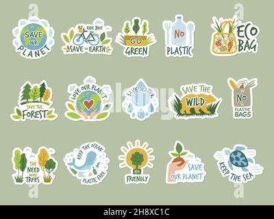 Ecology stickers. Save green earth planet clean environment eco labels recent vector badges colored illustrations isolated Stock Vector