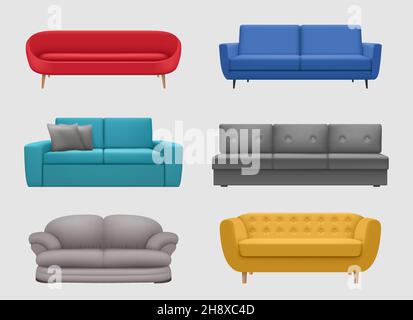 Sofa comfortable. Realistic furniture for lounge room modern interior items colorful sofa decent vector illustration templates Stock Vector