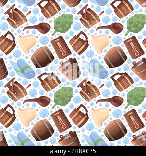 Sauna seamless. Spa relax russian sauna items textile design objects garish vector pattern in cartoon style Stock Vector