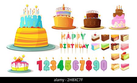Birthday cake. Happy anniversary party cakes, bakery icons. Cartoon cream sweets, delicious baked. Numbers and letters with candles vector festive Stock Vector