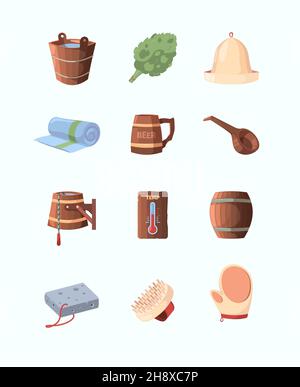 Russian sauna. Objects for bathing and relaxing broom hat spa items garish vector wooden sauna in cartoon style Stock Vector