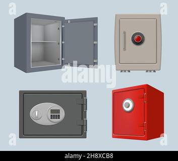 Safe deposit. Security steel box with protection code big bank door locker protect your personal money and treasures decent vector realistic Stock Vector