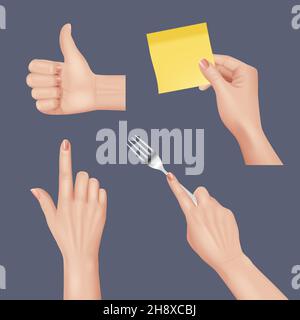 Hands realistic. Various gestures of hands pointing human body anatomy pictures set decent vector illustrations set Stock Vector