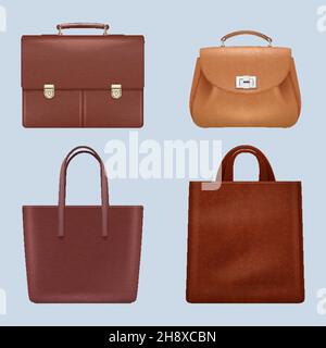 Leather bags. Vintage business briefcase handing luxury brown bags fashioned accessories for men and women decent vector realistic illustrations Stock Vector