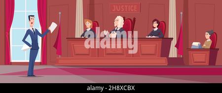 Courtroom. Judges in uniform sitting at court lawyers workers at table exact vector cartoon background Stock Vector