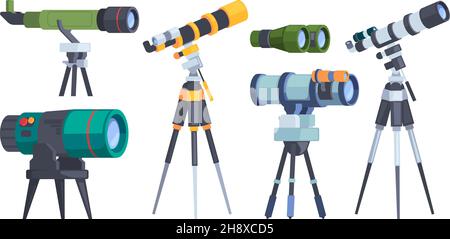 Optical equipment. Binoculars telescope looking to the future since night instruments for exploring universe garish vector flat illustrations Stock Vector