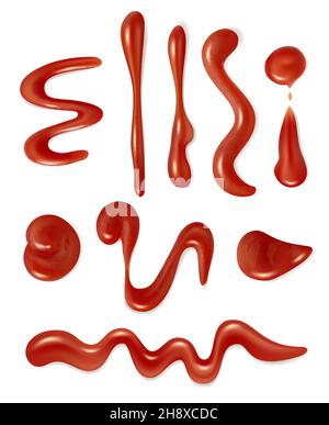 Dripping tomato. Barbecue liquid red sauce ketchup splashes decent vector illustrations collection set Stock Vector