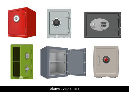 Steel safe deposit. Security 3d box personal investment protect big wardrobe with big electronic lockers decent vector realistic collection set Stock Vector