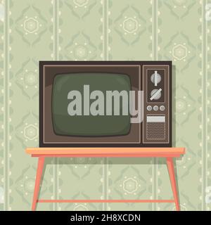 Tv on table. Retro background with old tv set for entertainment communications media show translation garish vector poster Stock Vector