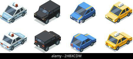 Isometric cars. Front and back side views of urban vehicles garish vector transport illustrations Stock Vector