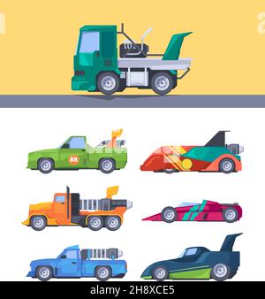 Racing cars. Fast vehicles sport nitrous oxide trucks acceleration garish vector colored pictures set Stock Vector