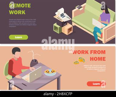 Remote work banners. Isometric people working from home. Man woman with laptop, distance business vector background Stock Vector