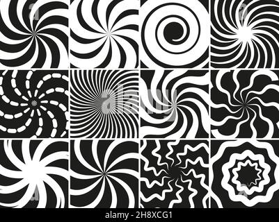 Hypnotic shapes collection. Radial black white abstract spirals, geometric circular swirls vector set Stock Vector