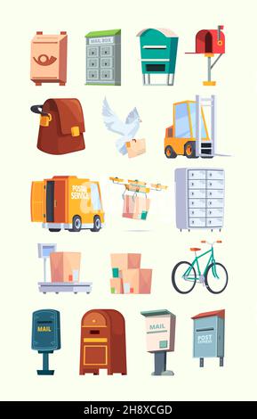 Postal office items. Mail service car letters postal box delivery packages garish vector flat illustrations Stock Vector