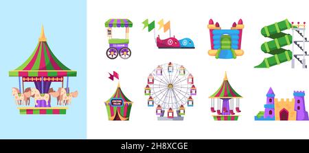 Attraction kids. Amusement park symbols children game machines carousel swing inflatable catapult wheel rides garish vector flat pictures collection Stock Vector