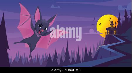 Bat background. Scary flying wild animal in night landscape exact vector cartoon illustrations of bat mouse mascot Stock Vector