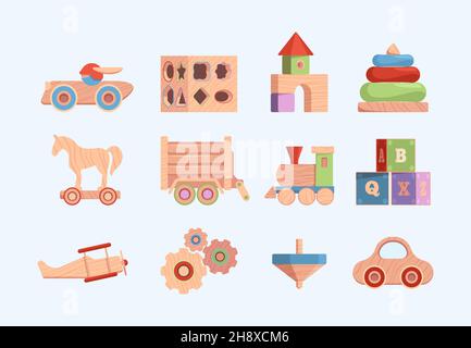 Old style wooden toy. Funny entertainments for kids vintage blocks cars soldiers garish vector illustrations set in flat style Stock Vector