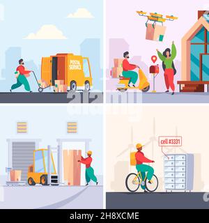 Letter delivery. Post office mailboxes and delivery services stuff postman professional workers garish vector concept pictures in flat style Stock Vector