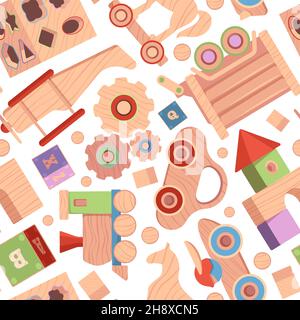 Toys pattern. Vintage wooden attractions for kids textile design projects templates with funny toys blocks cars soldiers dolls garish vector seamless Stock Vector