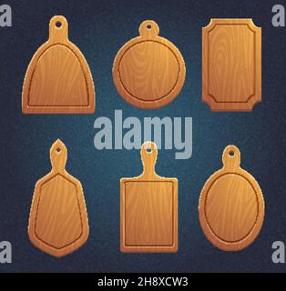 Cutting boards. Wooden plate for preparing food cutting kitchen table place for products exact vector illustration in cartoon style Stock Vector