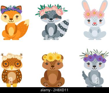 Spring animals. Funny animal floral wreath, cartoon wild characters with flowers. Childish fox rabbit raccoon vector set Stock Vector