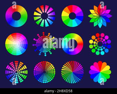 Rgb circles. Round abstract shapes selective colored spectrum waves frequency wheels rgb palletes recent vector stylized symbols Stock Vector