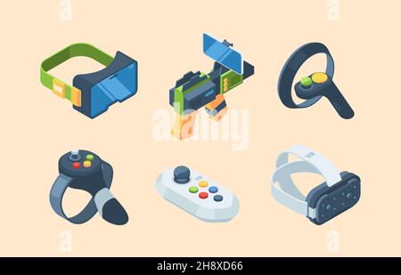 Isometric virtual reality. Vr gaming guns controllers video attractions 360 degree views funny experience garish vector illustrations 3d set Stock Vector