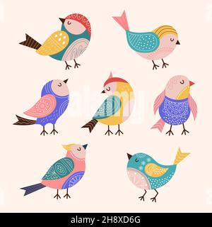 Decorated birds. Trendy stylized colored flying birds with folk and botanical graphics authentic decor recent vector flat pictures set Stock Vector