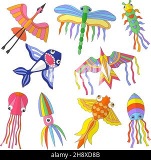 Colored kites. Funny flying animals spring and summer outdoor attractions for kids recent vector flat illustrations isolated Stock Vector