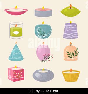 Aroma candles. Spa salon symbols styling decoration beeswax holiday light candles recent vector colored illustrations set Stock Vector