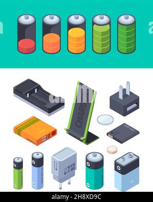 Charging stages. Battery levels for different gadgets power bank battery garish vector visualization isometric templates Stock Vector