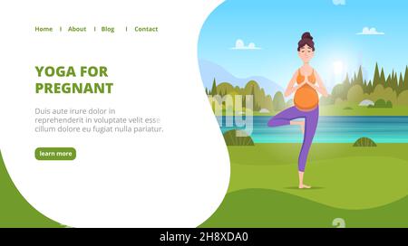 Outdoor yoga landing. Pregnant women making yoga exercises in green park fitness for healthy mother lifestyle exact vector illustration for business Stock Vector