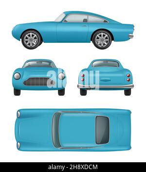 Retro car. Realistic vintage automobile front right left back side views luxury details decent vector vehicles isolated Stock Vector