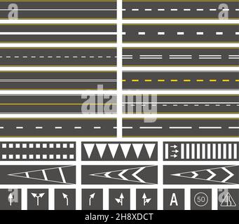 Road marks. Street lines on asphalt bus station marks speed signs garish vector illustrations set Stock Vector