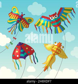 Fly kites. Beauty joyful outdoor kites in sky cloudy and shiny weather recent vector illustrations in cartoon style Stock Vector