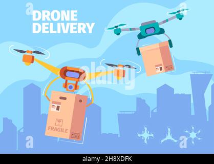 Flying drones. Aircraft helicopter remote control systems in sky above city smart technologies for delivery service garish vector cartoon background Stock Vector