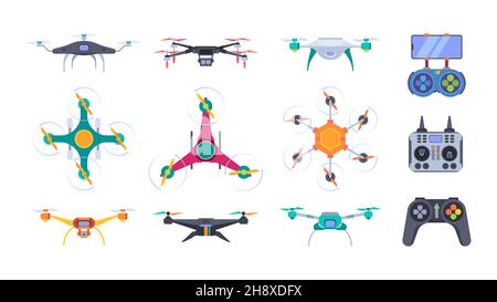 Air helicopters. Delivery drones with camera aerial outdoor photography smart aircraft systems garish vector flat pictures set Stock Vector