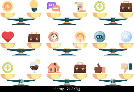 Business scales. Concept comparison times and money visualisation idea light bulb friendship on scales garish vector flat illustrations Stock Vector