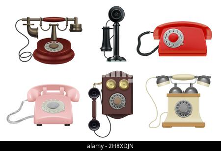 Old phone. Realistic vintage telephones operator items for call center decent vector old style collection Stock Vector