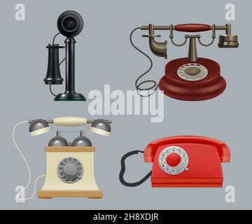 Retro phones realistic. Old style vintage gadgets ringing telephone for call center service decent vector illustrations set Stock Vector