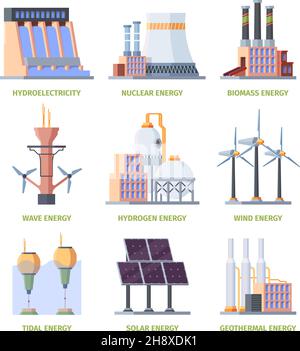 Electricity factory. Industrial plants buildings hydro systems electricity station garish vector flat templates Stock Vector